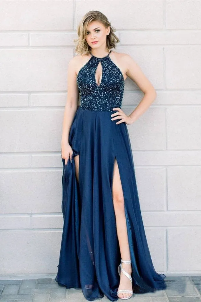 Halter Beaded Navy Blue Long Prom Dresses with Slit Elegant Formal Party Dress PFP0652