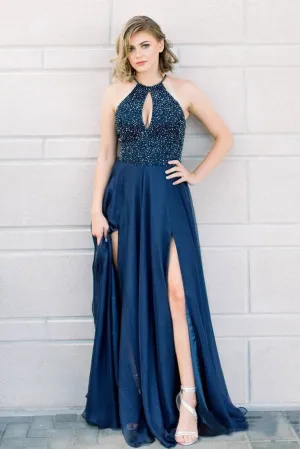 Halter Beaded Navy Blue Long Prom Dresses with Slit Elegant Formal Party Dress PFP0652