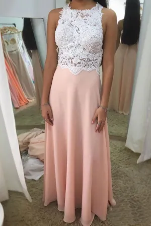 Halter Neck Beadings Blush Appliques Beaded Chiffon Prom Dresses PFP1749