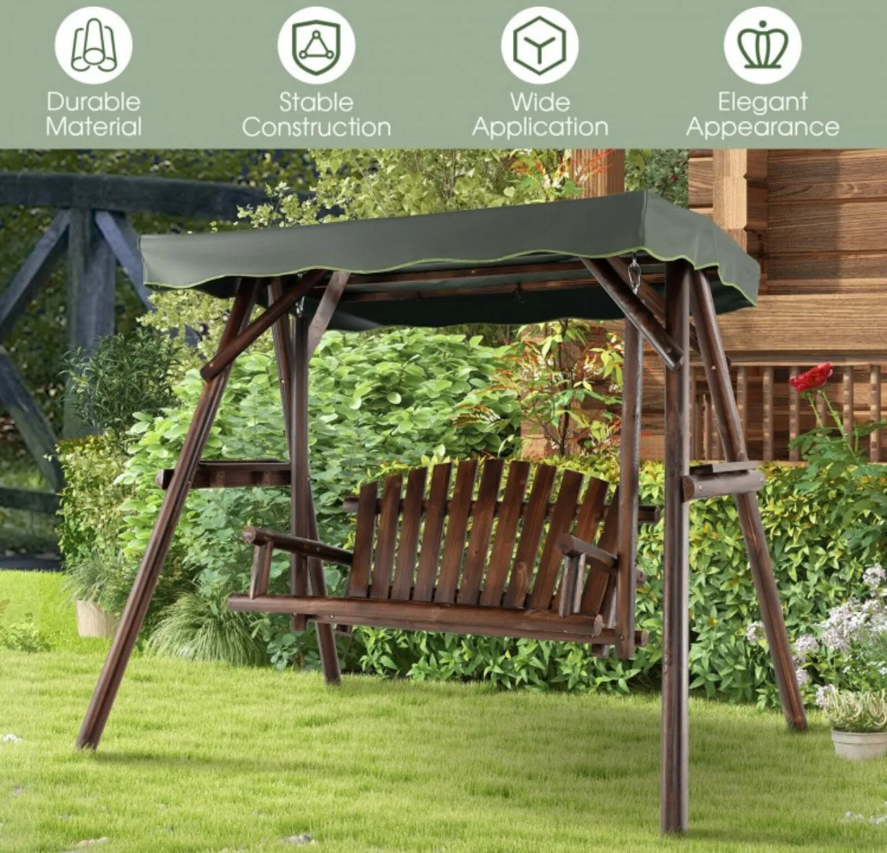 Heavy Duty Natural Fir Wood 2-Person Patio Outdoor Porch Swing  | Adjustable Canopy | Holds 530lbs | Waterproof | Fade Resistant | Side Table