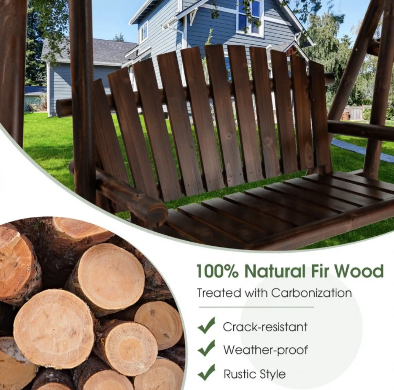 Heavy Duty Natural Fir Wood 2-Person Patio Outdoor Porch Swing  | Adjustable Canopy | Holds 530lbs | Waterproof | Fade Resistant | Side Table