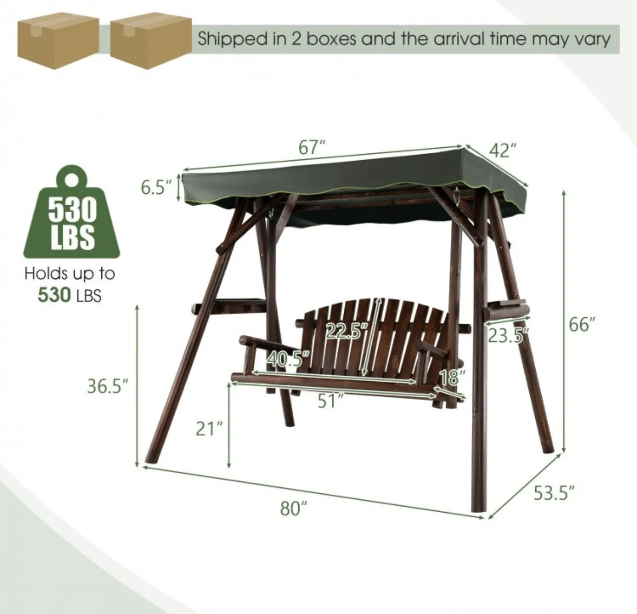 Heavy Duty Natural Fir Wood 2-Person Patio Outdoor Porch Swing  | Adjustable Canopy | Holds 530lbs | Waterproof | Fade Resistant | Side Table