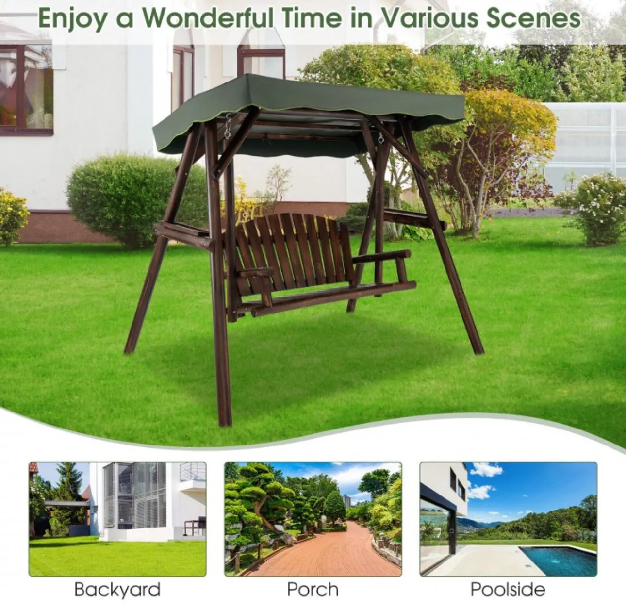 Heavy Duty Natural Fir Wood 2-Person Patio Outdoor Porch Swing  | Adjustable Canopy | Holds 530lbs | Waterproof | Fade Resistant | Side Table