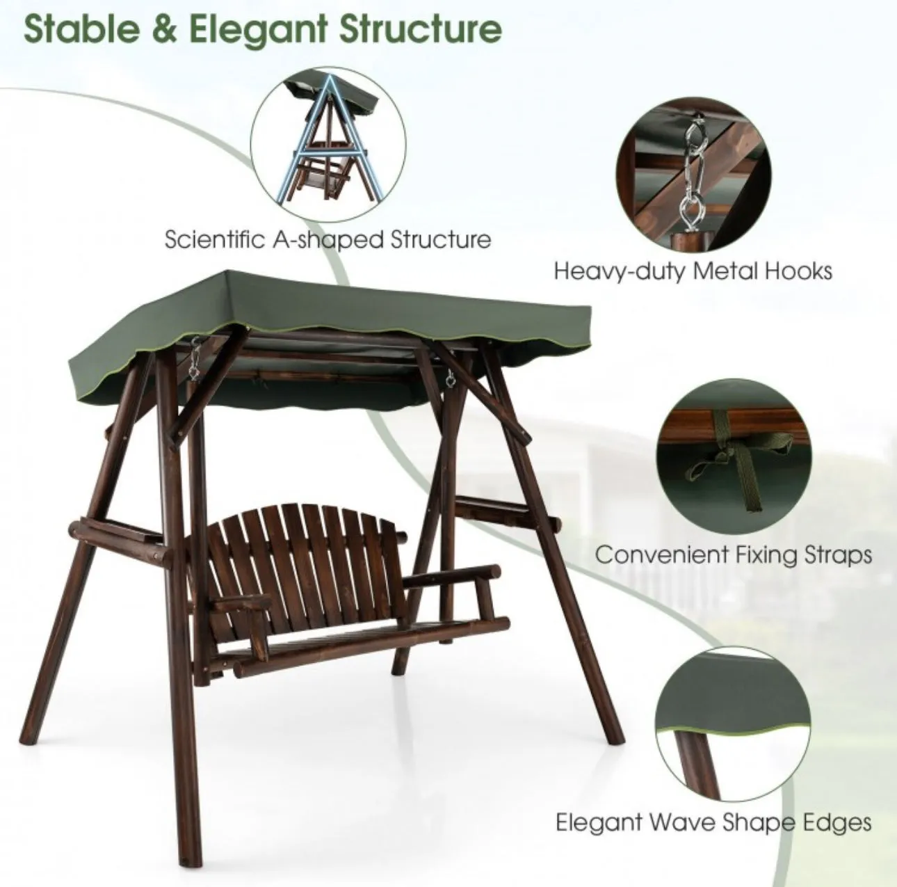 Heavy Duty Natural Fir Wood 2-Person Patio Outdoor Porch Swing  | Adjustable Canopy | Holds 530lbs | Waterproof | Fade Resistant | Side Table
