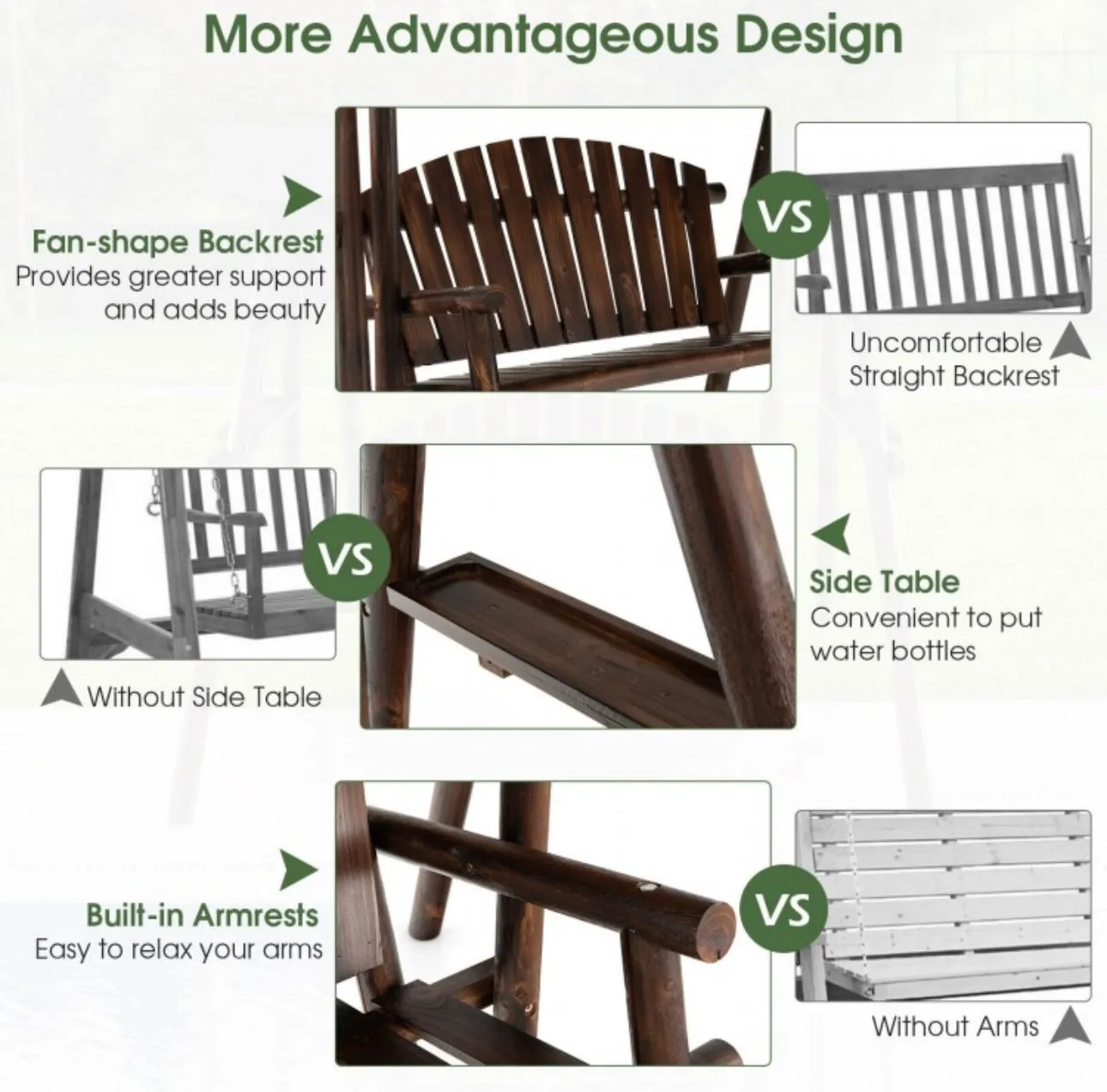 Heavy Duty Natural Fir Wood 2-Person Patio Outdoor Porch Swing  | Adjustable Canopy | Holds 530lbs | Waterproof | Fade Resistant | Side Table