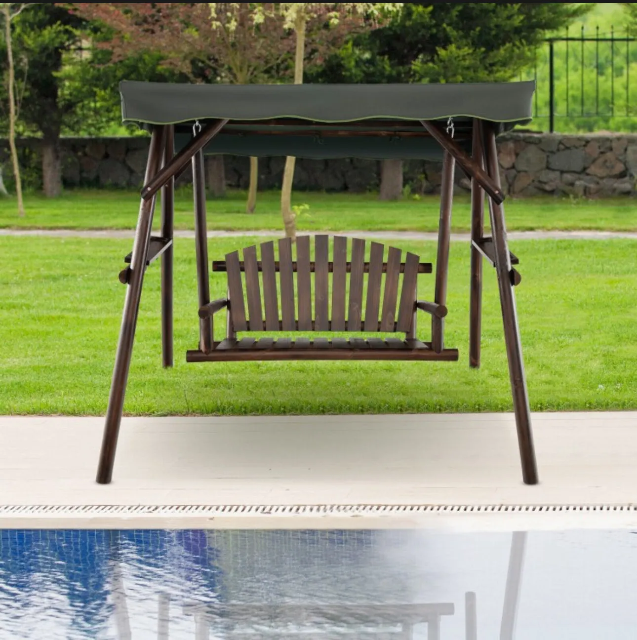 Heavy Duty Natural Fir Wood 2-Person Patio Outdoor Porch Swing  | Adjustable Canopy | Holds 530lbs | Waterproof | Fade Resistant | Side Table