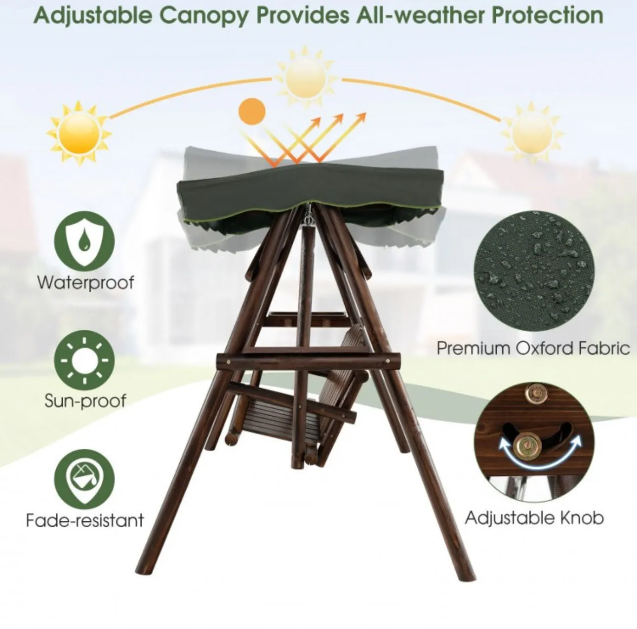 Heavy Duty Natural Fir Wood 2-Person Patio Outdoor Porch Swing  | Adjustable Canopy | Holds 530lbs | Waterproof | Fade Resistant | Side Table