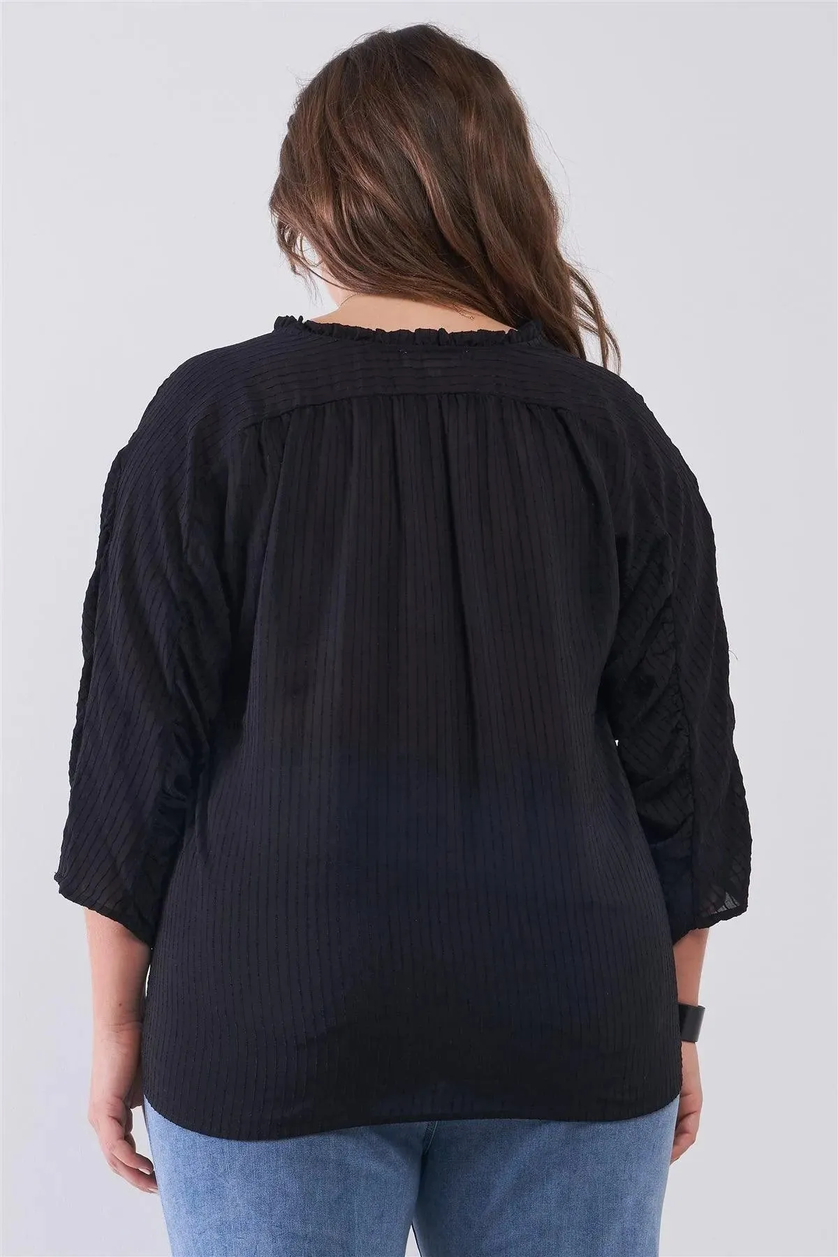 Junior Plus Black Striped Frill Neck Gathered Sleeve Detail Button-Down Relaxed Boho Top /1-2-2
