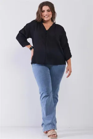 Junior Plus Black Striped Frill Neck Gathered Sleeve Detail Button-Down Relaxed Boho Top /1-2-2