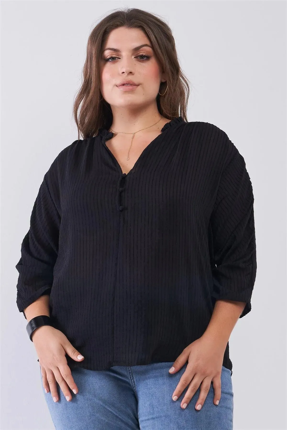 Junior Plus Black Striped Frill Neck Gathered Sleeve Detail Button-Down Relaxed Boho Top /1-2-2