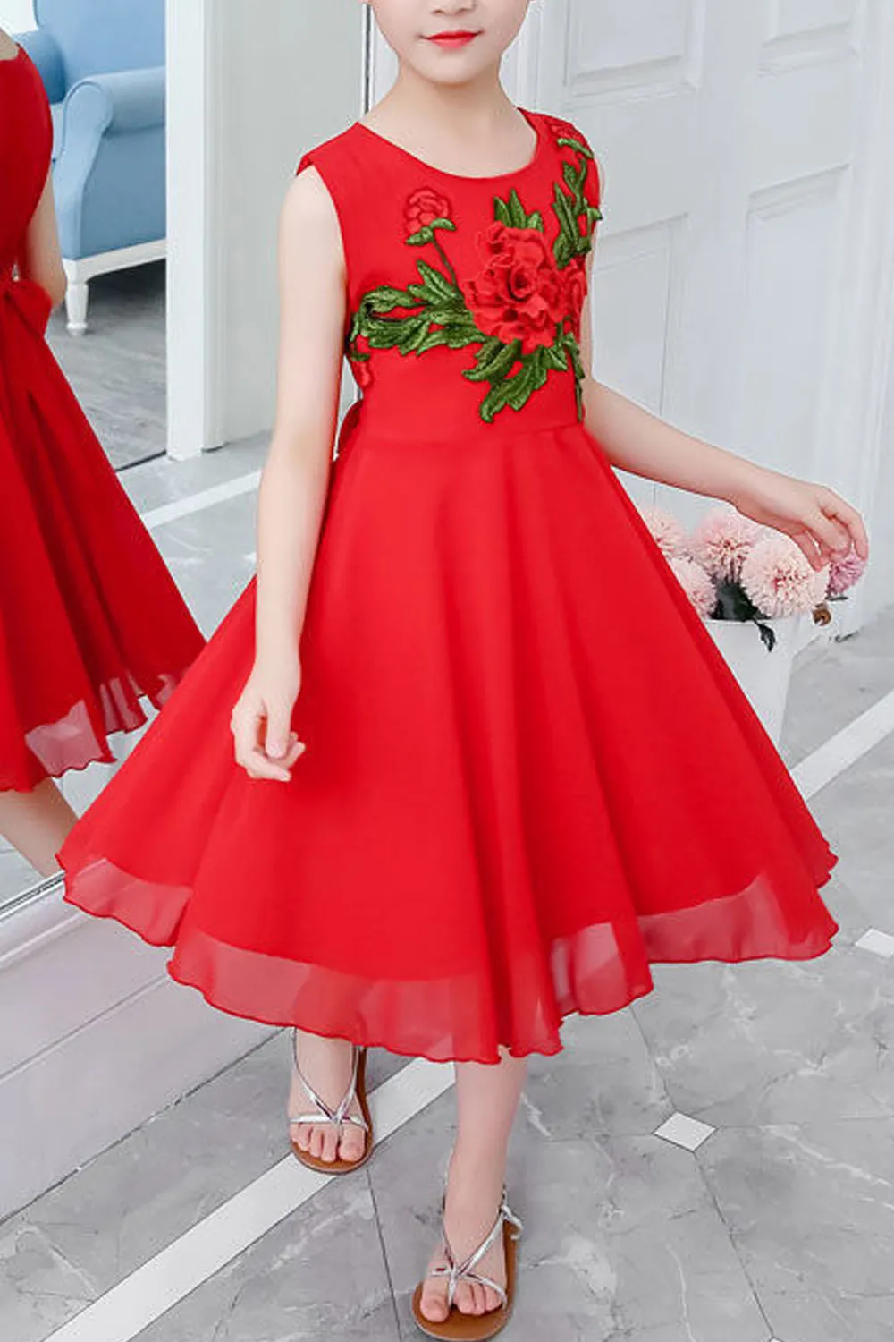 Kids Girls Solid Color Decorated Sleeveless Princess Dress - KGD75429
