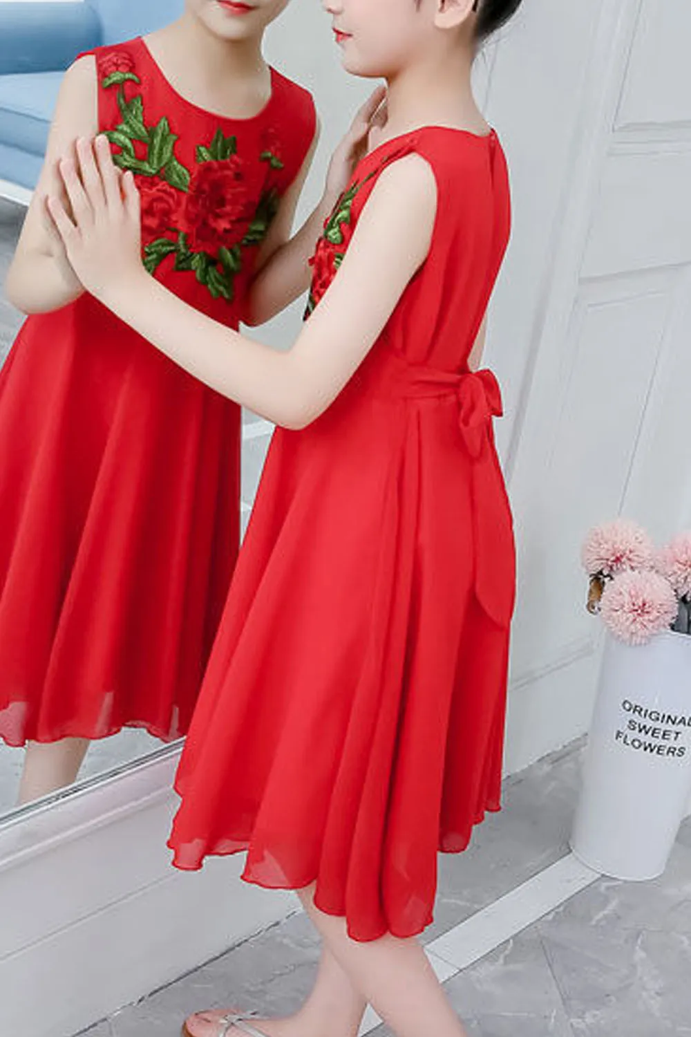 Kids Girls Solid Color Decorated Sleeveless Princess Dress - KGD75429