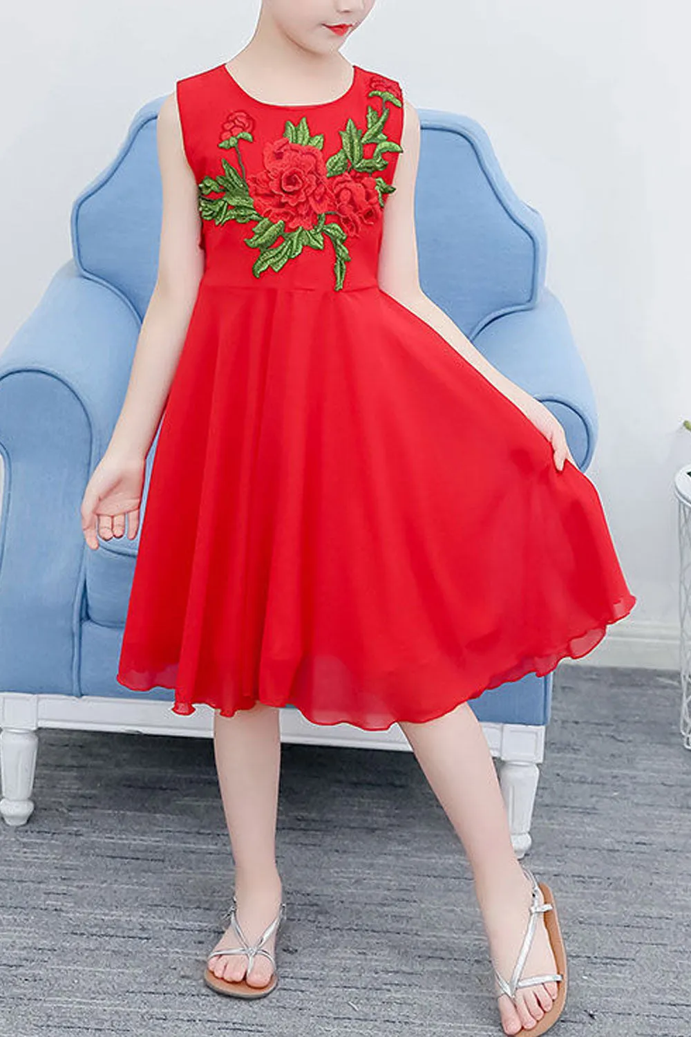 Kids Girls Solid Color Decorated Sleeveless Princess Dress - KGD75429
