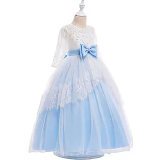Kids Girls Sophisticated Flying Sleeve Square Neck Easy Zipper Closure Long Length Solid Colored Fancy Party Dress - C1920TCKGD