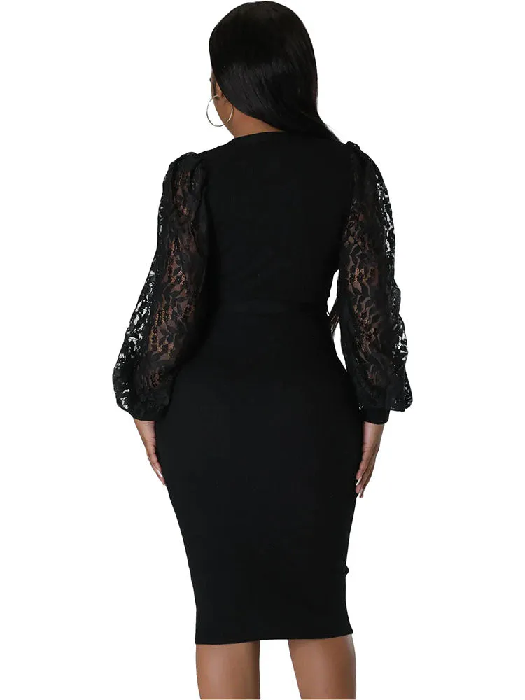 Lace Lantern Sleeve V Neck Solid Midi Dresses