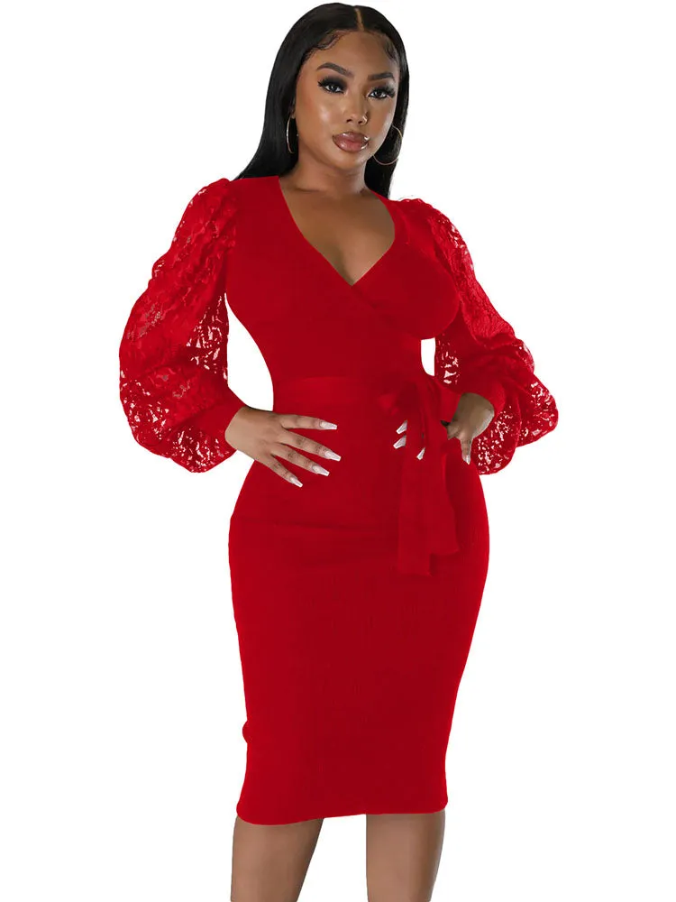 Lace Lantern Sleeve V Neck Solid Midi Dresses