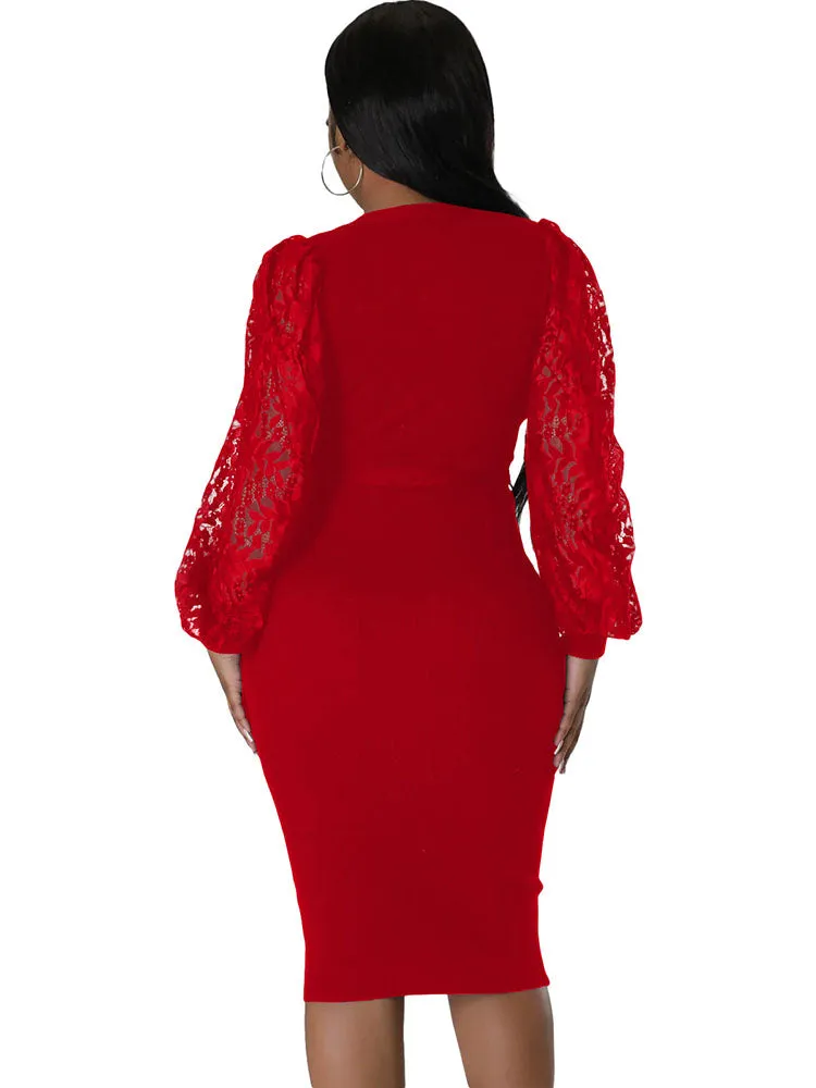 Lace Lantern Sleeve V Neck Solid Midi Dresses