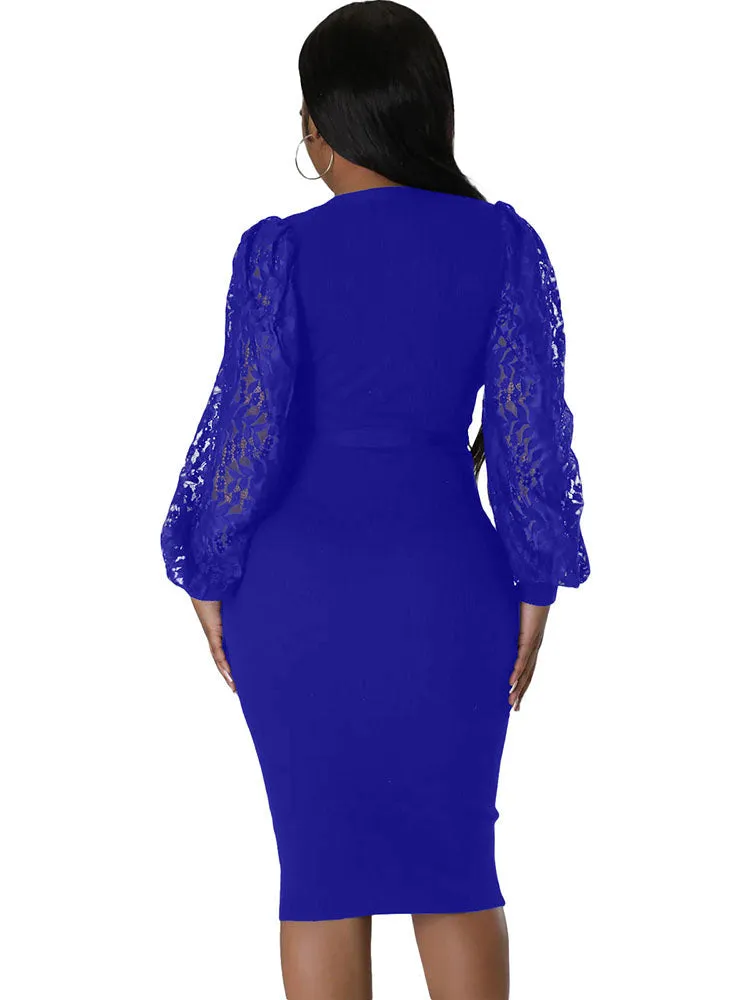 Lace Lantern Sleeve V Neck Solid Midi Dresses