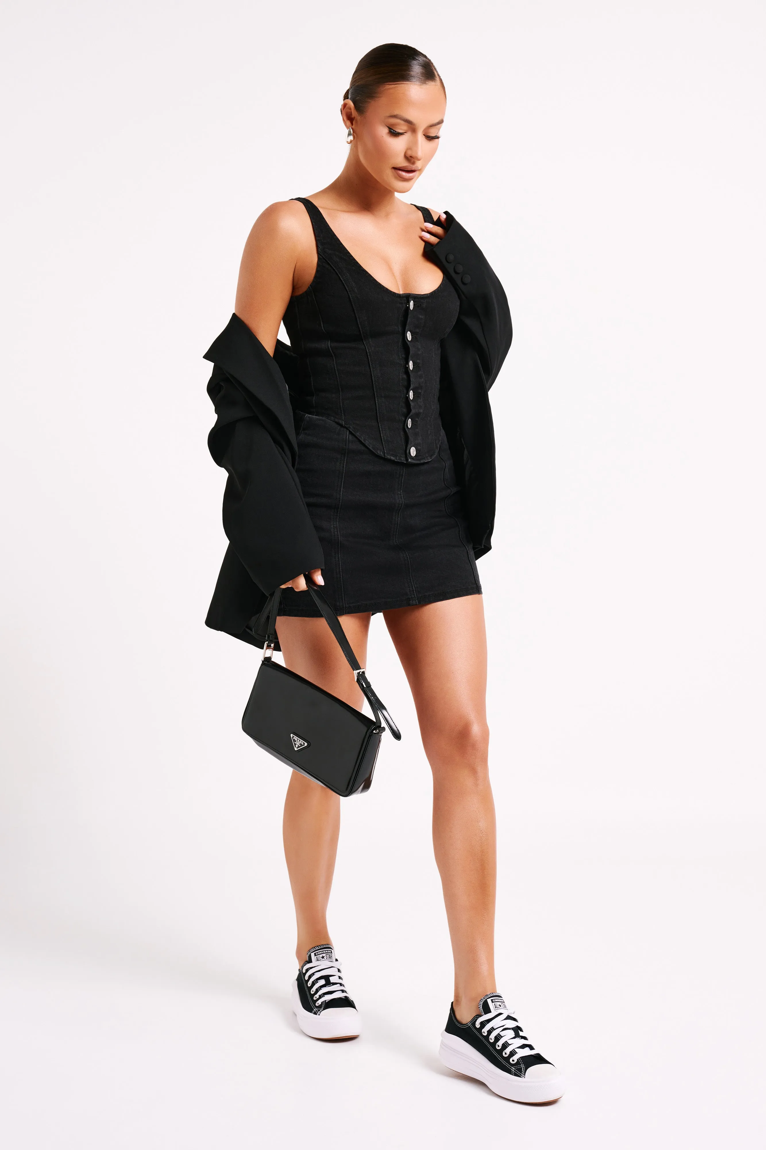 Leilani Corset Denim Top - Washed Black