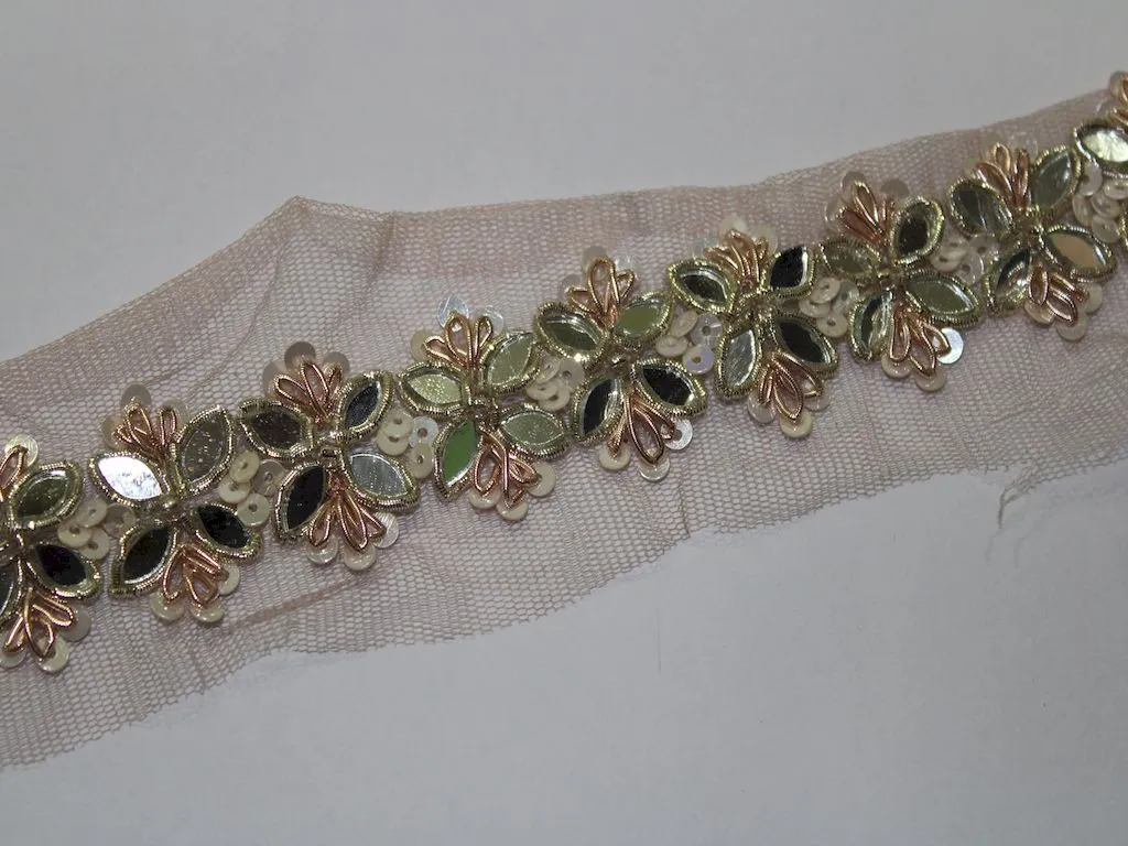 Light Golden Mirror and Sequins Handwork Embellished Embroidered Border