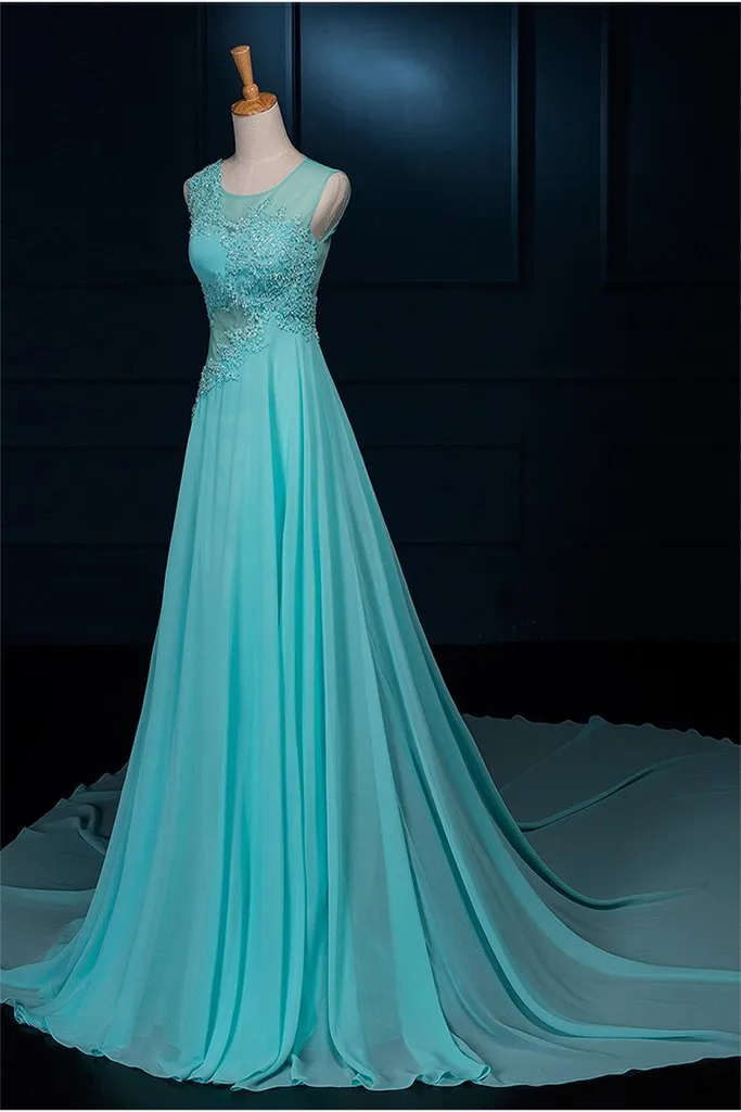 Long Lace Beaded Chiffon Modest Empire Prom Dresses PFP1325