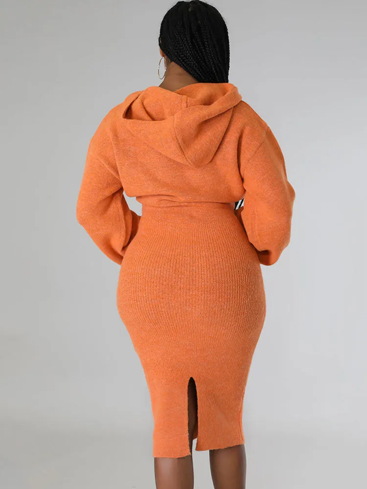 Long Sleeve Hooded Knit Midi Dresses