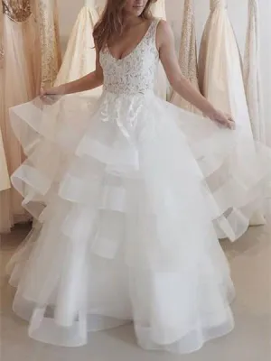 Luolandi A-line Deep-V Floor-Length Organza Lace Beaded Wedding Dresses Charming