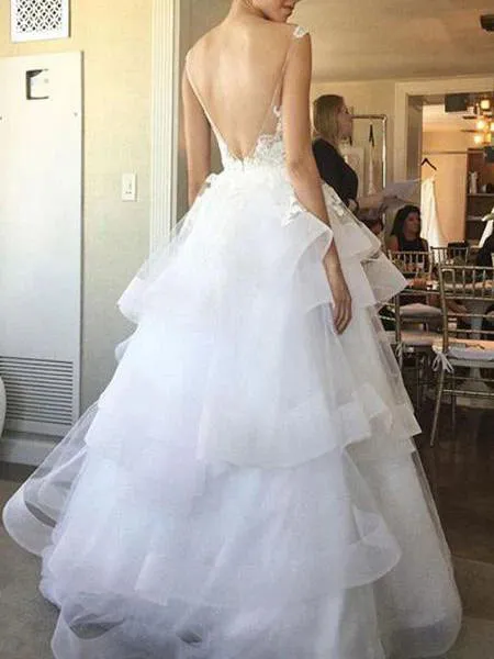 Luolandi A-line Deep-V Floor-Length Organza Lace Beaded Wedding Dresses Charming
