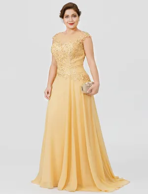 Luolandi A-Line Mother of the Bride Dress Fall Wedding Guest Dresses Plus Size Elegant Illusion Neck Sweep / Brush Train Chiffon Beaded Lace Short Sleeve with Bow(s)