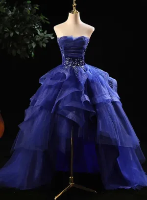 Luolandi Blue Prom Dresses Ruffles Tiered Crystal Beaded Top Formal Party Dress  High Low Prom Dress Off Shoulder