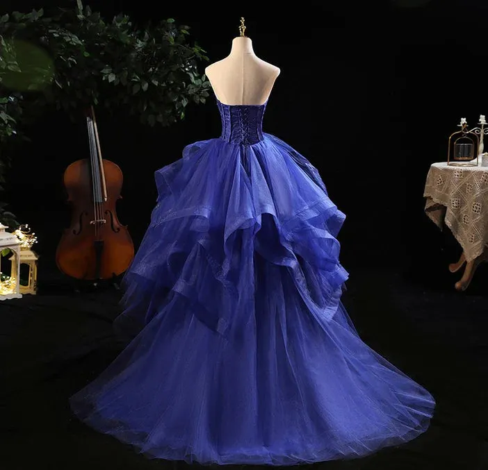 Luolandi Blue Prom Dresses Ruffles Tiered Crystal Beaded Top Formal Party Dress  High Low Prom Dress Off Shoulder
