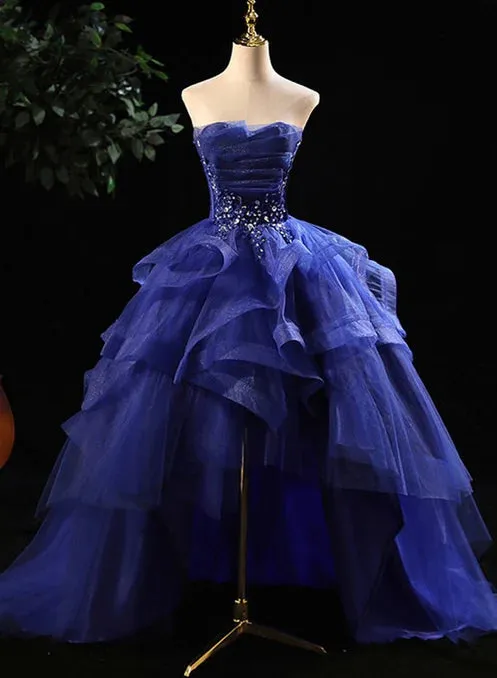 Luolandi Blue Prom Dresses Ruffles Tiered Crystal Beaded Top Formal Party Dress  High Low Prom Dress Off Shoulder