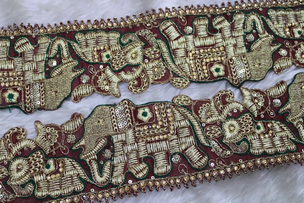 Maroon Elephants Zari Work Embroidered Border