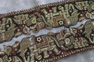 Maroon Elephants Zari Work Embroidered Border