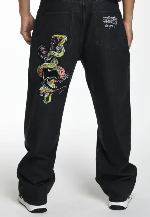 Mens Panther-Slither Tattoo Graphic Relaxed Denim Trousers Jeans - Black