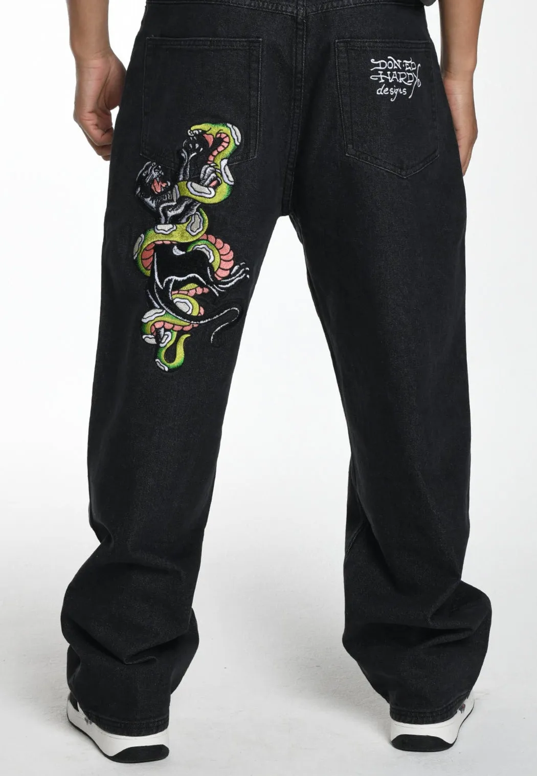 Mens Panther-Slither Tattoo Graphic Relaxed Denim Trousers Jeans - Black