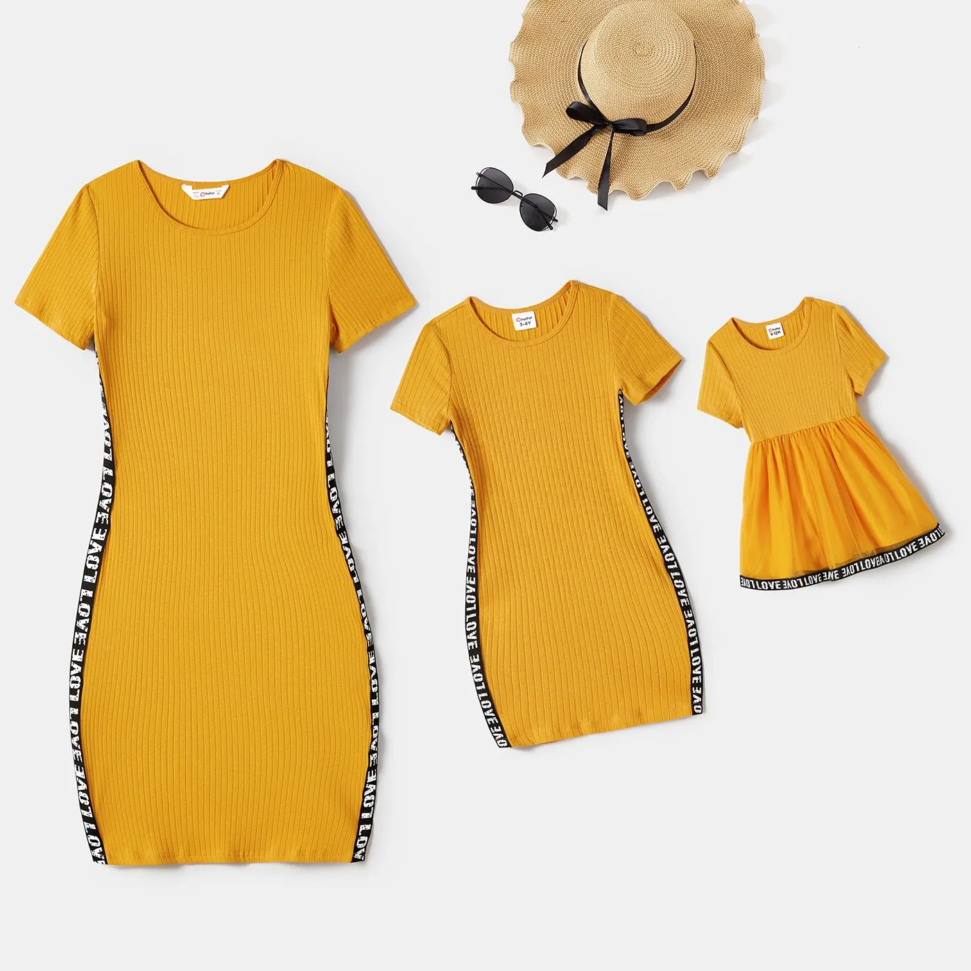 Mommy and Me Letter Tape Side Seam Short-sleeve Bodycon Dresses