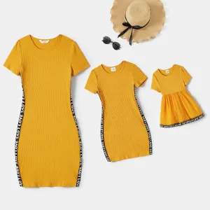 Mommy and Me Letter Tape Side Seam Short-sleeve Bodycon Dresses