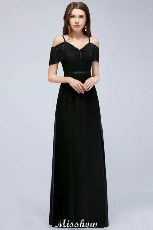 Off-the-shoulder Sleeveless Floor-Length A-line Bridesmaid Dresses Chiffon Lace V-Neck Prom Dress