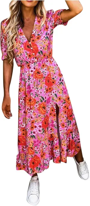 Ollysqiar Dresses Women's 2023 Floral Summer Dress Wrap V Neck Short Sleeve Belted Ruffle Hem A-Line Bohemian Dresses A02 96