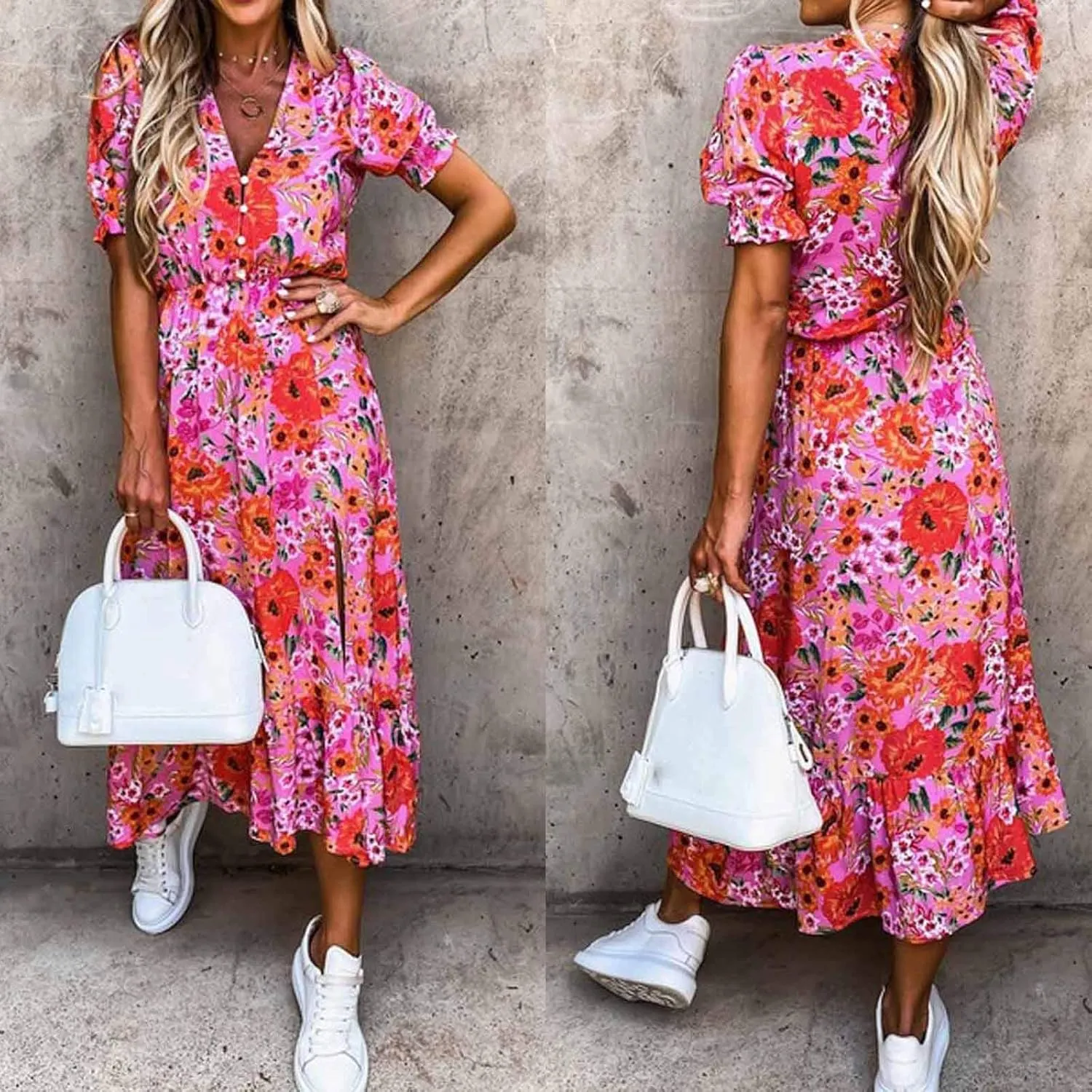 Ollysqiar Dresses Women's 2023 Floral Summer Dress Wrap V Neck Short Sleeve Belted Ruffle Hem A-Line Bohemian Dresses A02 96