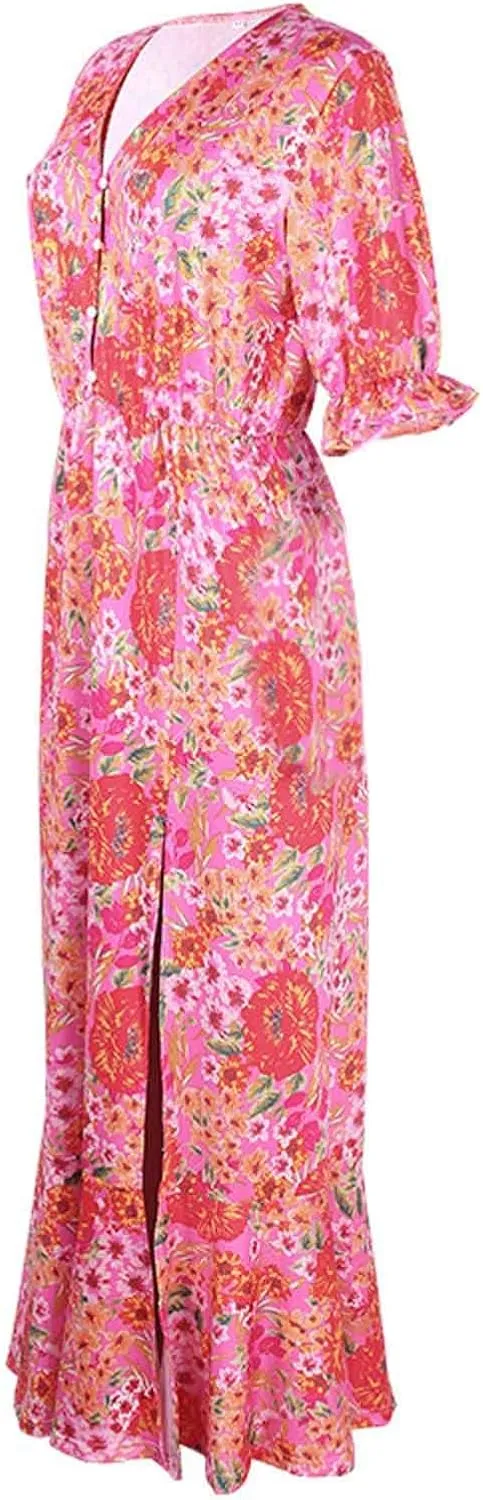 Ollysqiar Dresses Women's 2023 Floral Summer Dress Wrap V Neck Short Sleeve Belted Ruffle Hem A-Line Bohemian Dresses A02 96