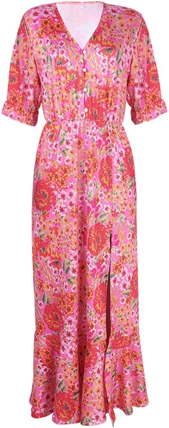 Ollysqiar Dresses Women's 2023 Floral Summer Dress Wrap V Neck Short Sleeve Belted Ruffle Hem A-Line Bohemian Dresses A02 96