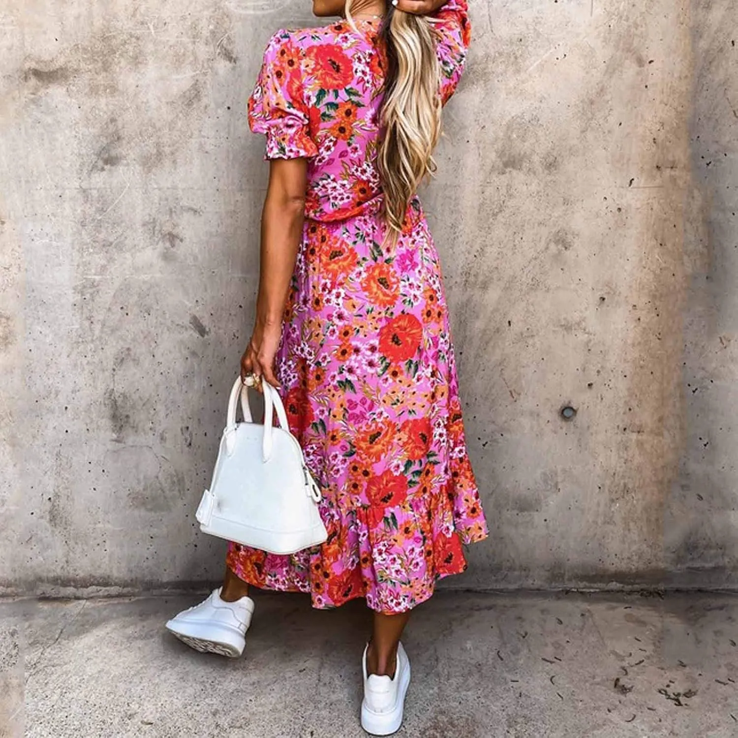 Ollysqiar Dresses Women's 2023 Floral Summer Dress Wrap V Neck Short Sleeve Belted Ruffle Hem A-Line Bohemian Dresses A02 96