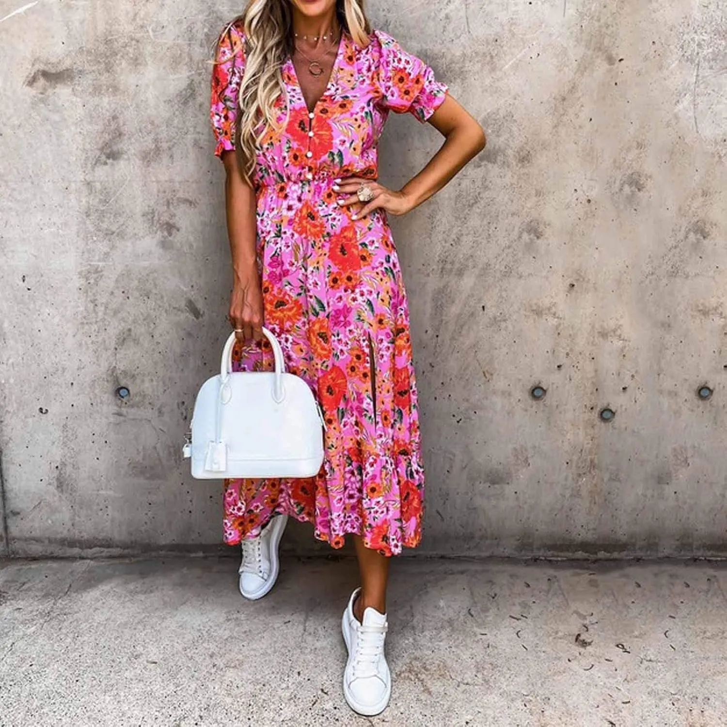 Ollysqiar Dresses Women's 2023 Floral Summer Dress Wrap V Neck Short Sleeve Belted Ruffle Hem A-Line Bohemian Dresses A02 96