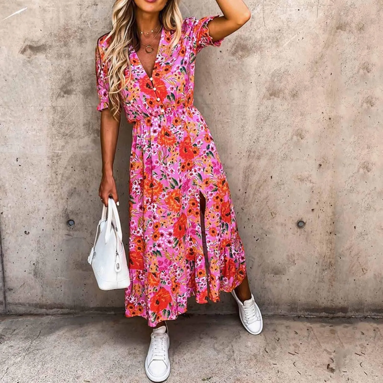 Ollysqiar Dresses Women's 2023 Floral Summer Dress Wrap V Neck Short Sleeve Belted Ruffle Hem A-Line Bohemian Dresses A02 96