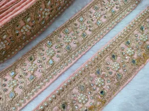 Peach Fancy Stone & Mirror Work Zari Trim