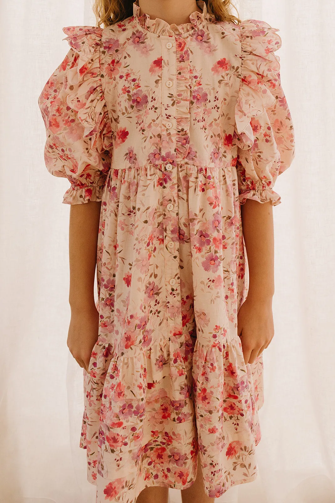 PETITE AMALIE Soleil Elbow Sleeve Scallop Posie Print Voile Dress
