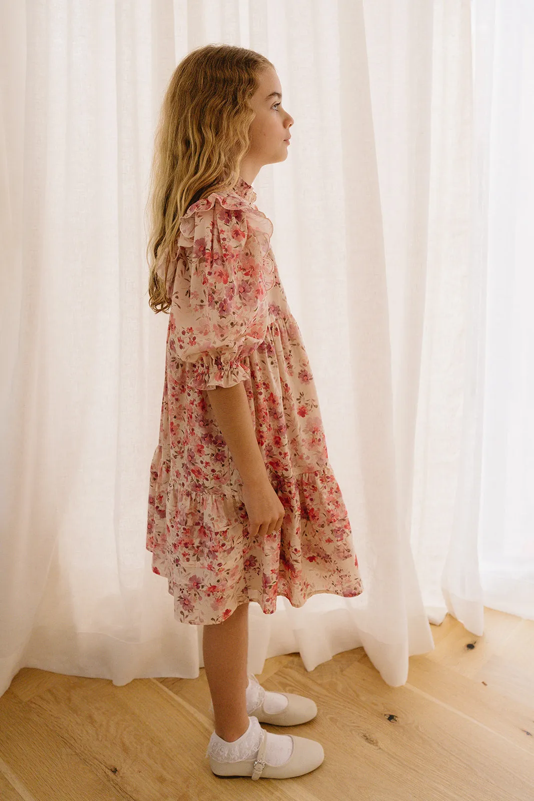 PETITE AMALIE Soleil Elbow Sleeve Scallop Posie Print Voile Dress