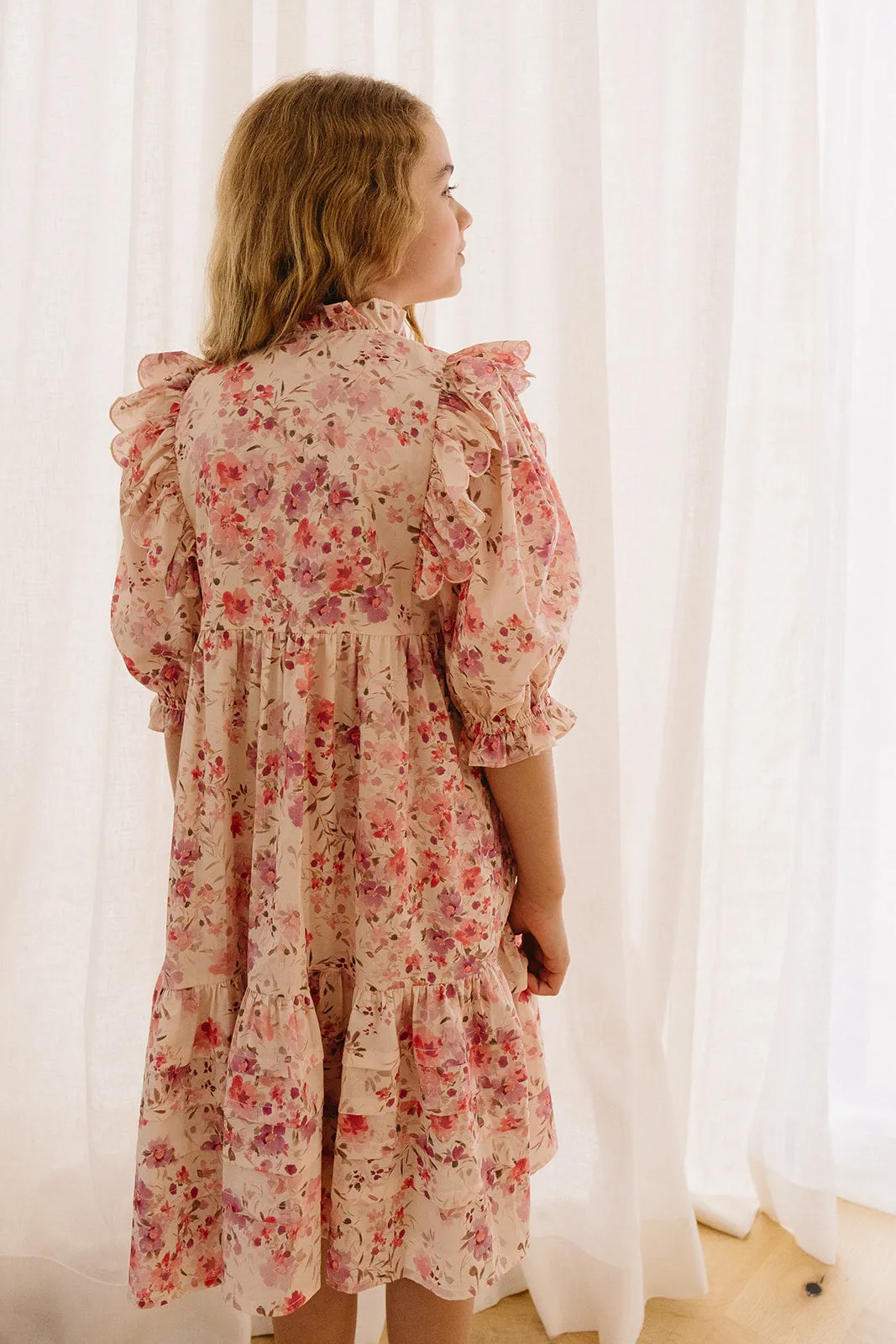 PETITE AMALIE Soleil Elbow Sleeve Scallop Posie Print Voile Dress
